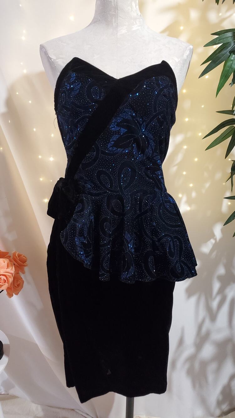 Gunne Sax Jessica McClintock Velvet Peplum Dress Womens Size 9 Bow Glitter